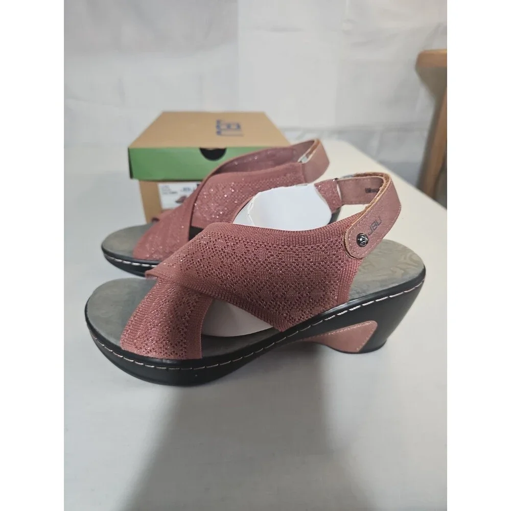 JBU by Jambu Women's Alyssa Shimmer Knit Wedge Heel Sandals Rose Size 8M